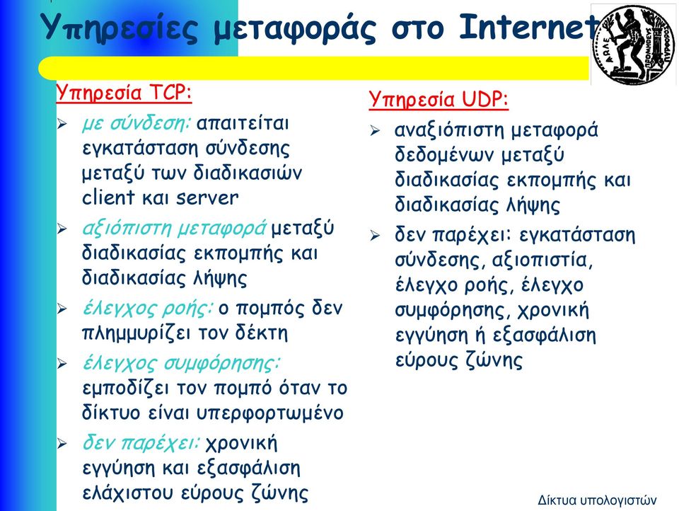 δίκτυο είναι υπερφορτωμένο δεν παρέχει: χρονική εγγύηση και εξασφάλιση ελάχιστου εύρους ζώνης Υπηρεσία UDP: αναξιόπιστη μεταφορά δεδομένων μεταξύ