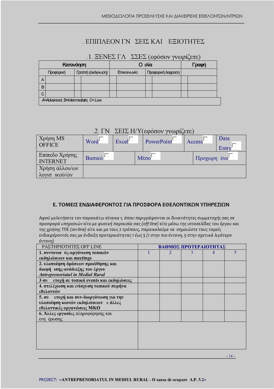 άλλου/ων λογισμικού/ών Δ.2. ΓΝΩΣΕΙΣ Η/Υ(εφόσον γνωρίζετε) Word Excel PowerPoint Access Data Entry Βασικό Μέσο Προχωρημένο Ε.