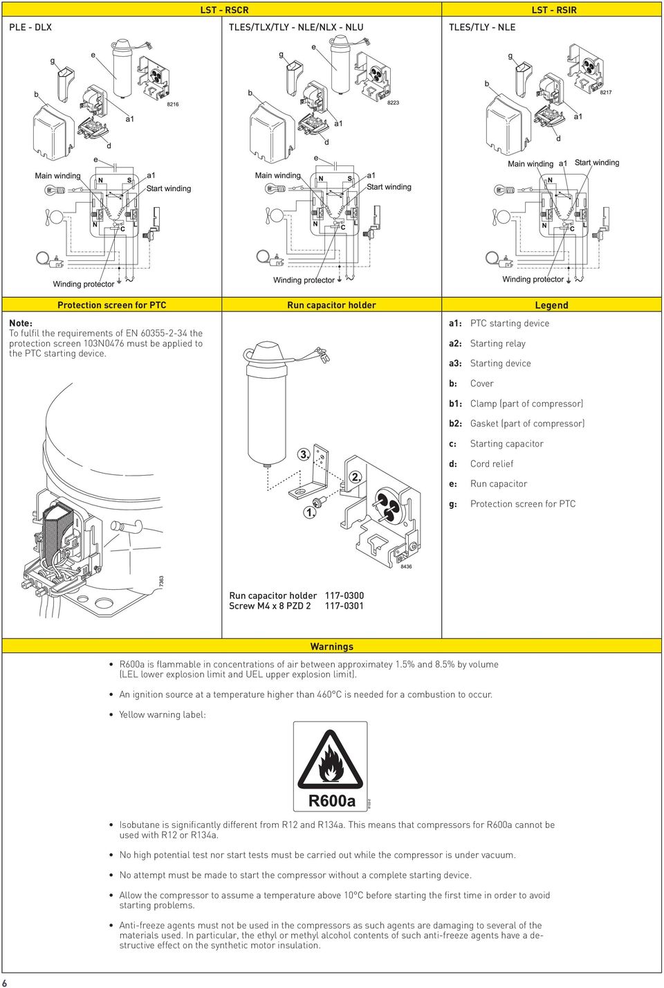 a: PTC starting device a2: Starting relay a3: Starting device b: Cover b: Clamp (part of compressor) b2: Gasket (part of compressor) c: Starting capacitor d: Cord relief e: Run capacitor g: