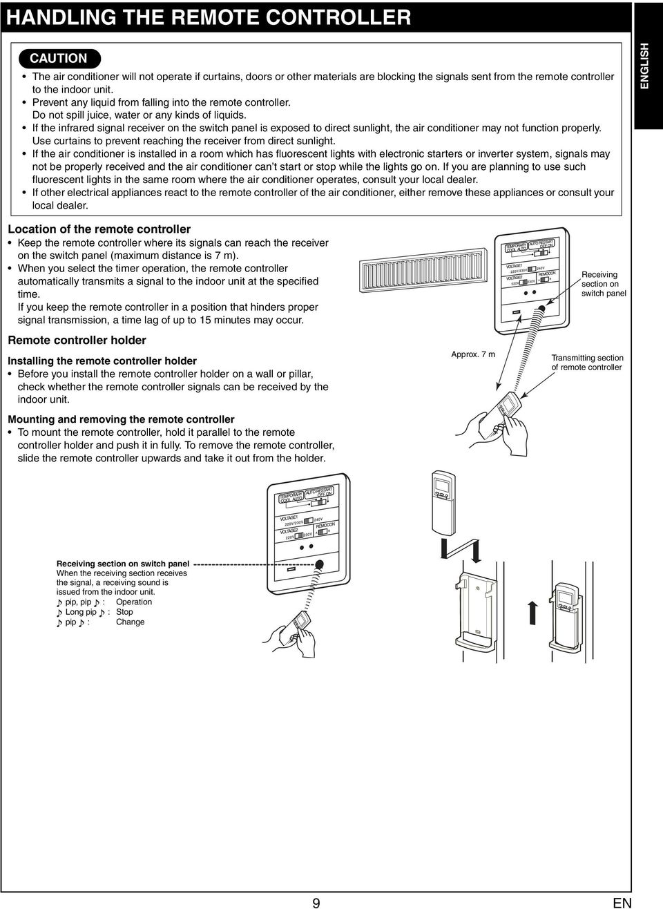 If the infrared signal receiver on the switch panel is exposed to direct sunlight, the air conditioner may not function properly. Use curtains to prevent reaching the receiver from direct sunlight.