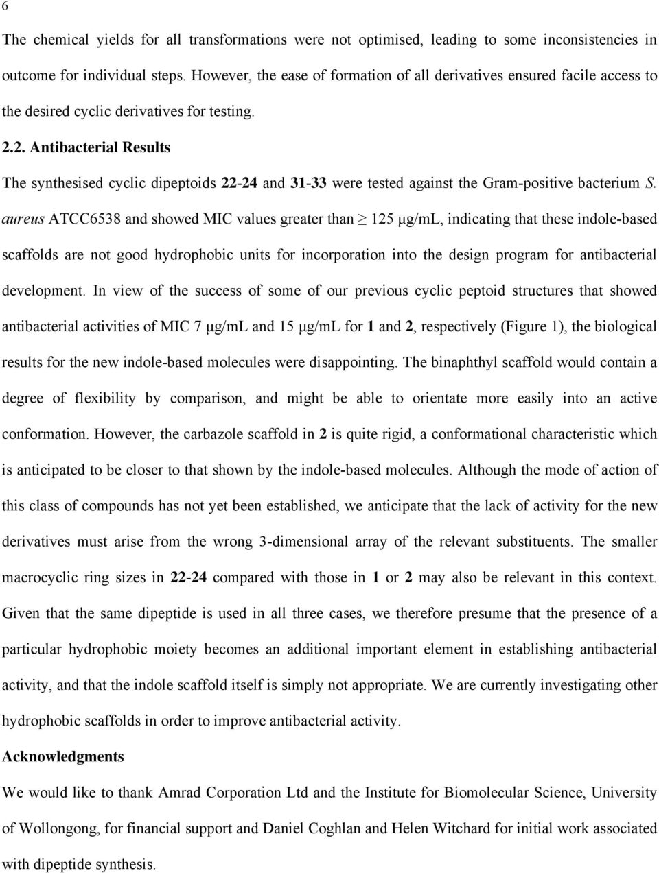 2. Antibacterial Results The synthesised cyclic dipeptoids 22-24 and 31-33 were tested against the Gram-positive bacterium S.