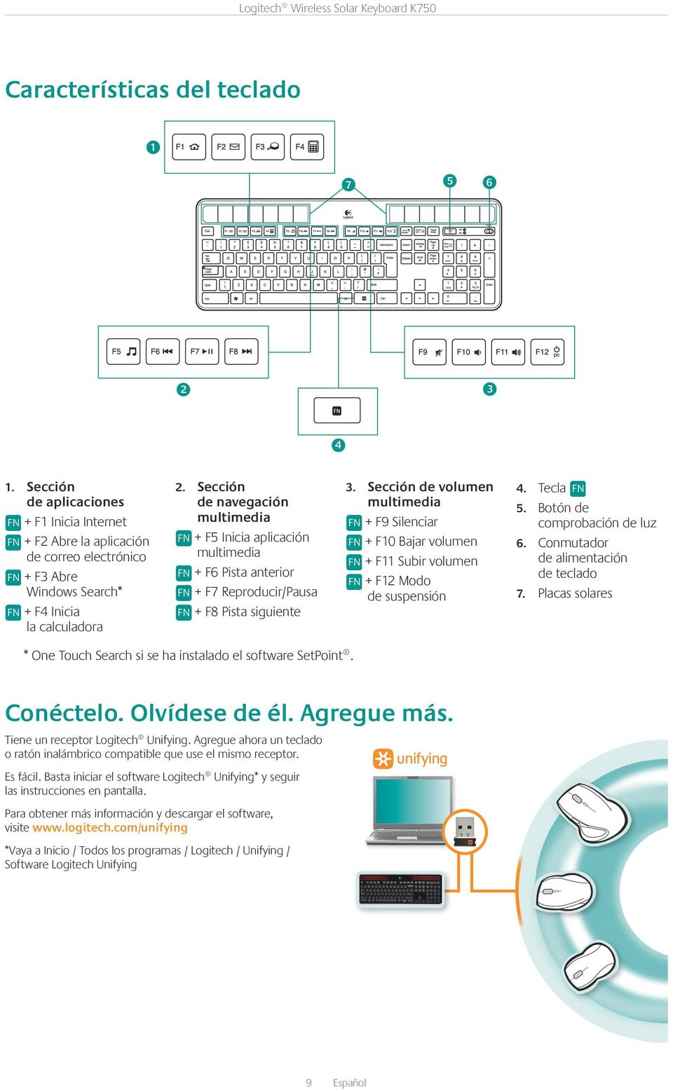 Sección de navegación multimedia + F5 Inicia aplicación multimedia + F6 Pista anterior + F7 Reproducir/Pausa + F8 Pista siguiente 3.