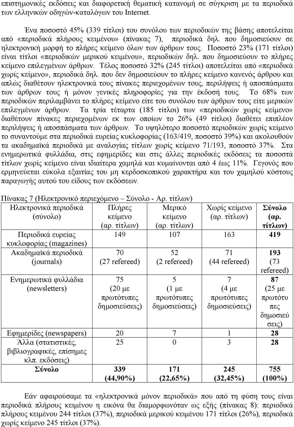 που δηµοσιεύουν σε ηλεκτρονική µορφή το πλήρες όλων των άρθρων τους. Ποσοστό 23% (171 τίτλοι) είναι τίτλοι «περιοδικών µερικού κειµένου», περιοδικών δηλ. που δηµοσιεύουν το πλήρες επιλεγµένων άρθρων.