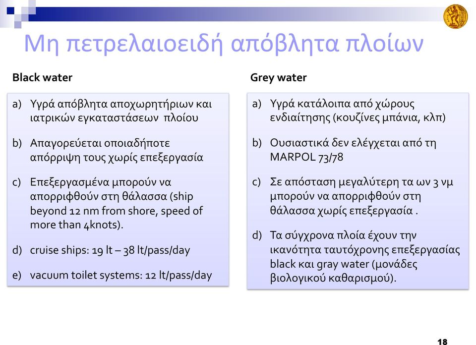 d) cruise ships: 19 lt 38 lt/pass/day e) vacuum toilet systems: 12 lt/pass/day Grey water a) Υγρά κατάλοιπα από χώρους ενδιαίτησης (κουζίνες μπάνια, κλπ) b) Ουσιαστικά δεν