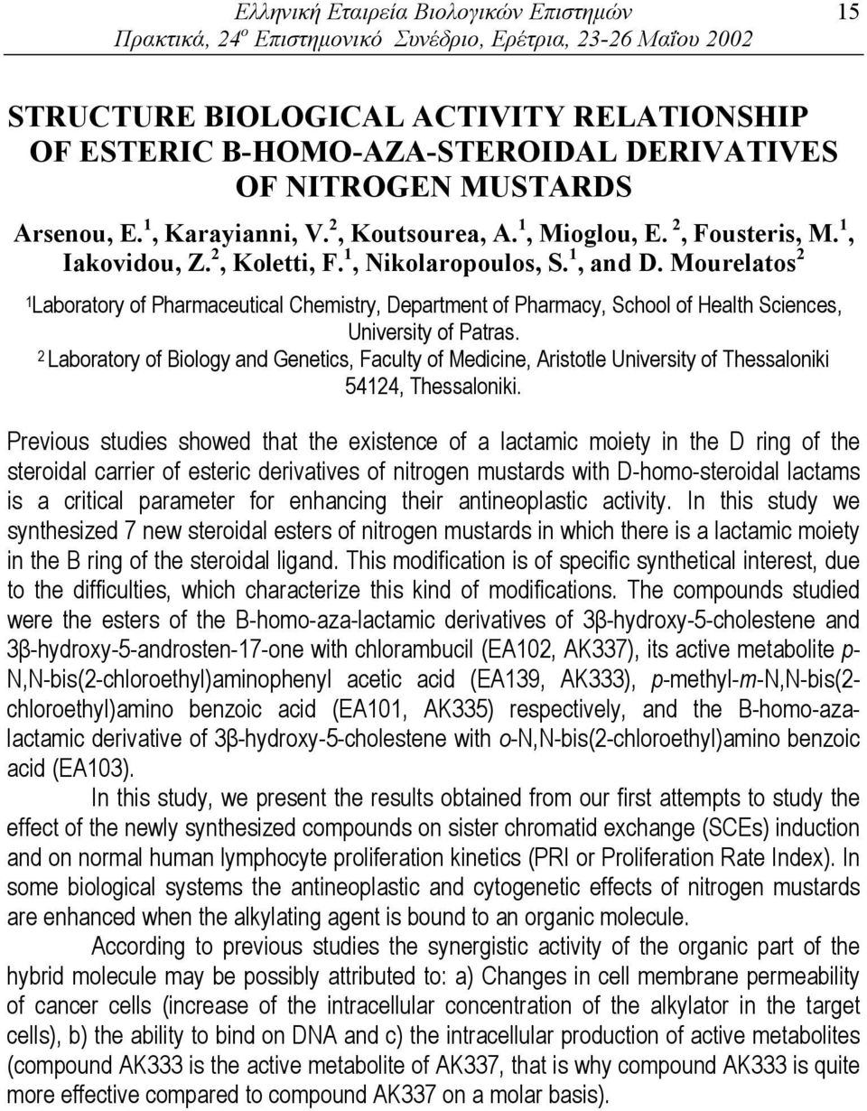Mourelatos 2 1 Laboratory of Pharmaceutical Chemistry, Department of Pharmacy, School of Health Sciences, University of Patras.