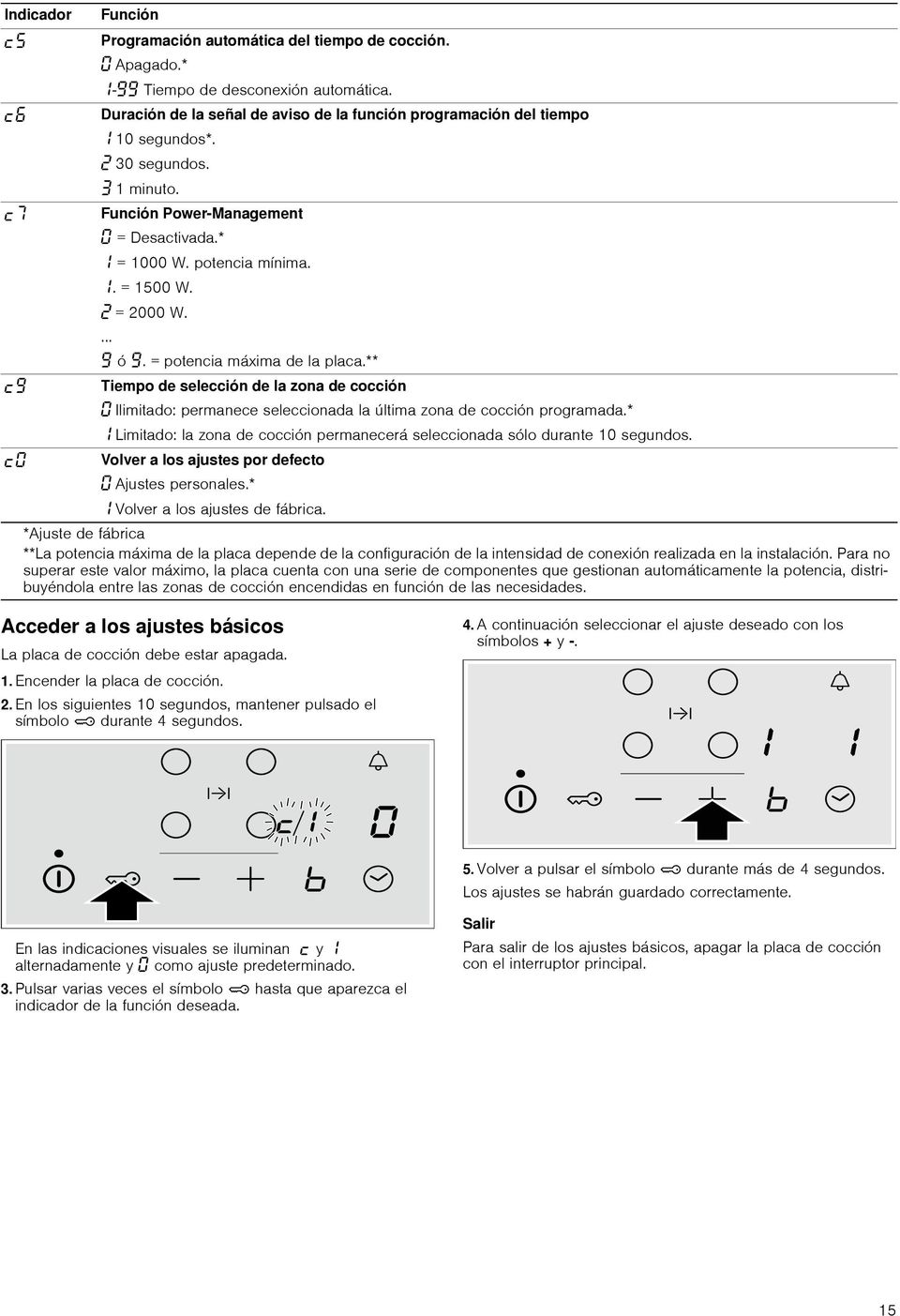 ** Š Tiempo de selección de la zona de cocción Ilimitado: permanece seleccionada la última zona de cocción programada.* Limitado: la zona de cocción permanecerá seleccionada sólo durante 10 segundos.