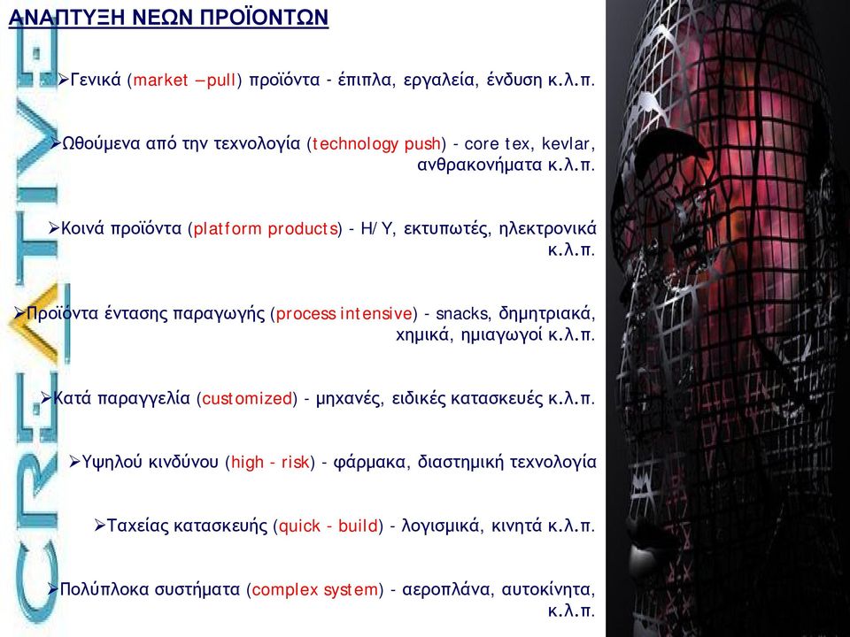 λ.π. Κατά παραγγελία (customized) - μηχανές, ειδικές κατασκευές κ.λ.π. Υψηλού κινδύνου (high - risk) - φάρμακα, διαστημική τεχνολογία Ταχείας κατασκευής (quick - build) - λογισμικά, κινητά κ.