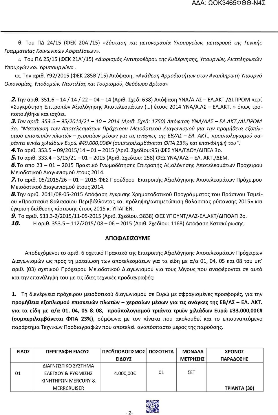 Υ92/2015 (ΦΕΚ 285Β /15) Απόφαση, «Ανάθεση Αρμοδιοτήτων στον Αναπληρωτή Υπουργό Οικονομίας, Υποδομών, Ναυτιλίας και Τουρισμού, Θεόδωρο Δρίτσα» 2. Την αριθ. 351.6 14 / 14 / 22 04 14 (Αριθ.