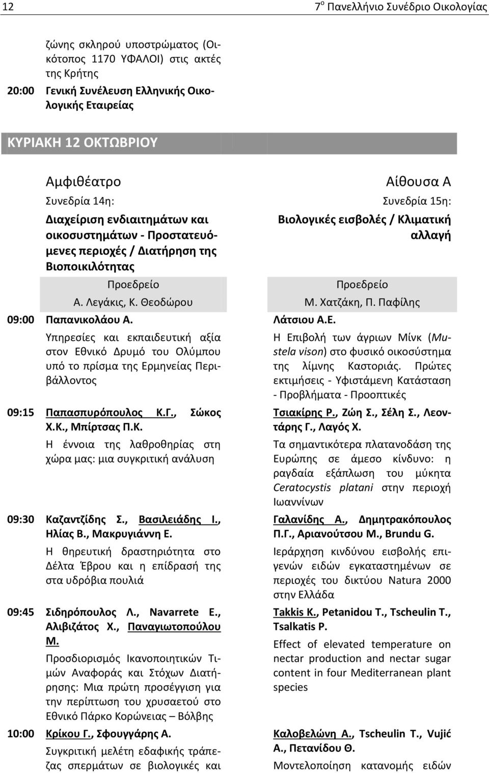 Θεοδώρου Μ. Χατζάκη, Π. Παφίλης 09:00 Παπανικολάου Α. Λάτσιου Α.Ε. Υπηρεσίες και εκπαιδευτική αξία στον Εθνικό Δρυμό του Ολύμπου υπό το πρίσμα της Ερμηνείας Περιβάλλοντος 09:15 Παπασπυρόπουλος Κ.Γ.