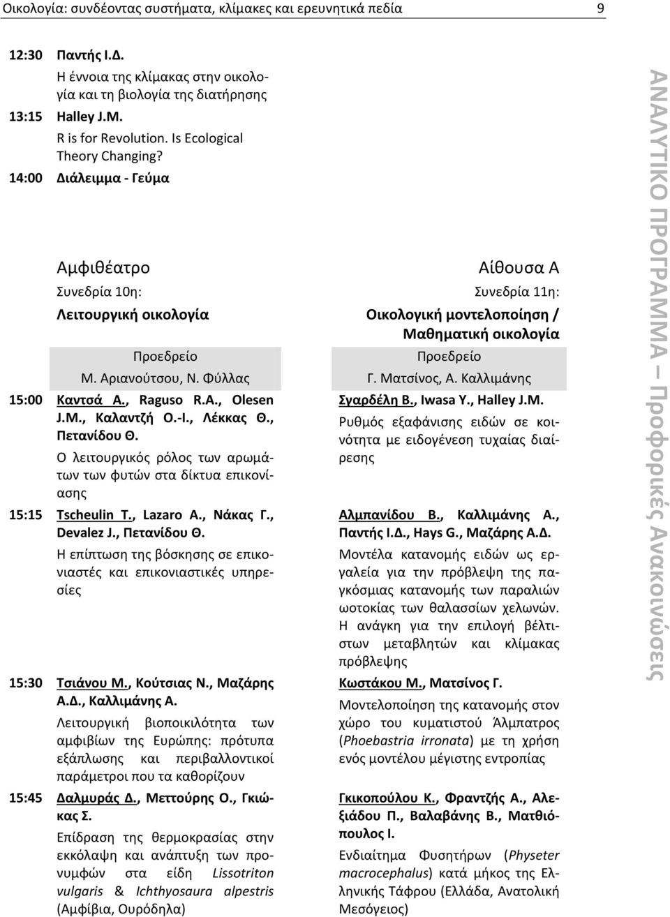 14:00 Διάλειμμα - Γεύμα Αμφιθέατρο Αίθουσα Α Συνεδρία 10η: Συνεδρία 11η: Λειτουργική οικολογία Οικολογική μοντελοποίηση / Μαθηματική οικολογία Μ. Αριανούτσου, Ν. Φύλλας Γ. Ματσίνος, Α.