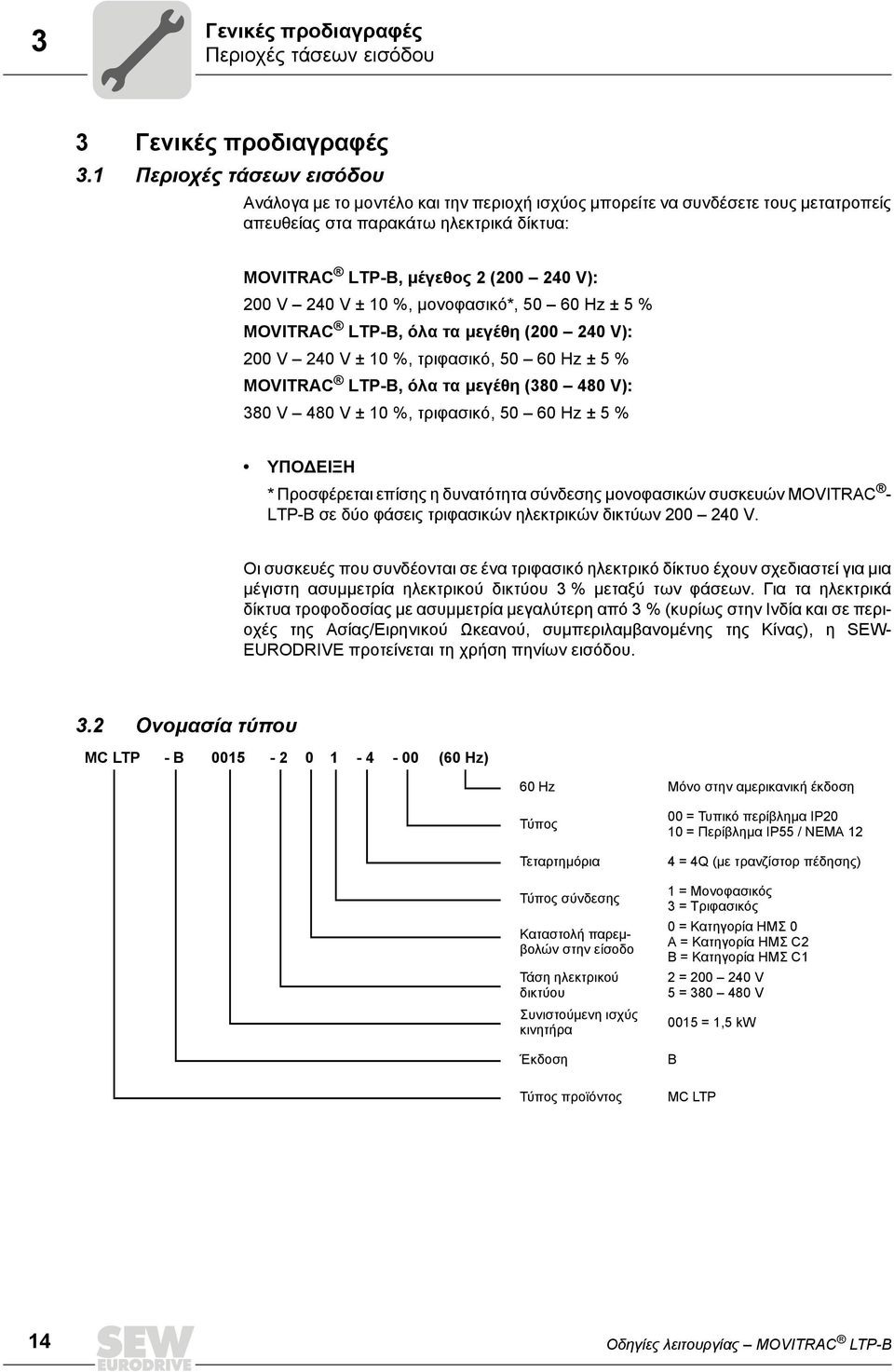 V ± 10 %, μονοφασικό*, 50 60 Hz ± 5 % MOVITRAC LTP-B, όλα τα μεγέθη (200 240 V): 200 V 240 V ± 10 %, τριφασικό, 50 60 Hz ± 5 % MOVITRAC LTP-B, όλα τα μεγέθη (380 480 V): 380 V 480 V ± 10 %,