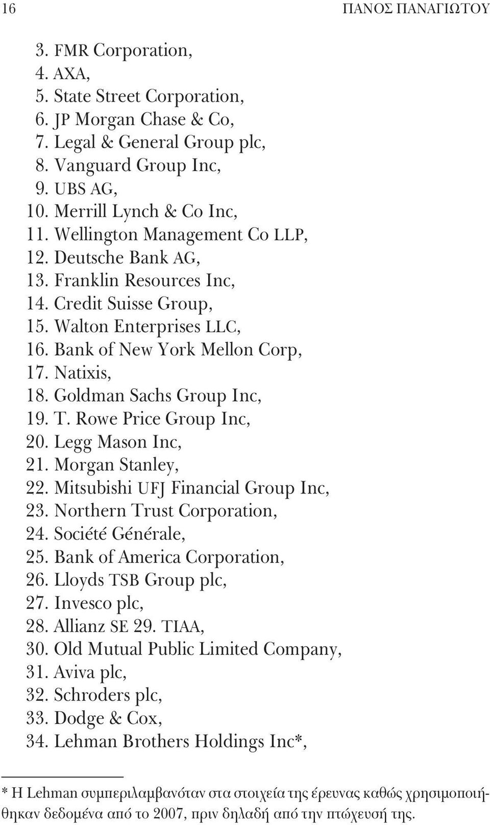 Goldman Sachs Group Inc, 19. T. Rowe Price Group Inc, 20. Legg Mason Inc, 21. Morgan Stanley, 22. Mitsubishi UFJ Financial Group Inc, 23. Northern Trust Corporation, 24. Société Générale, 25.