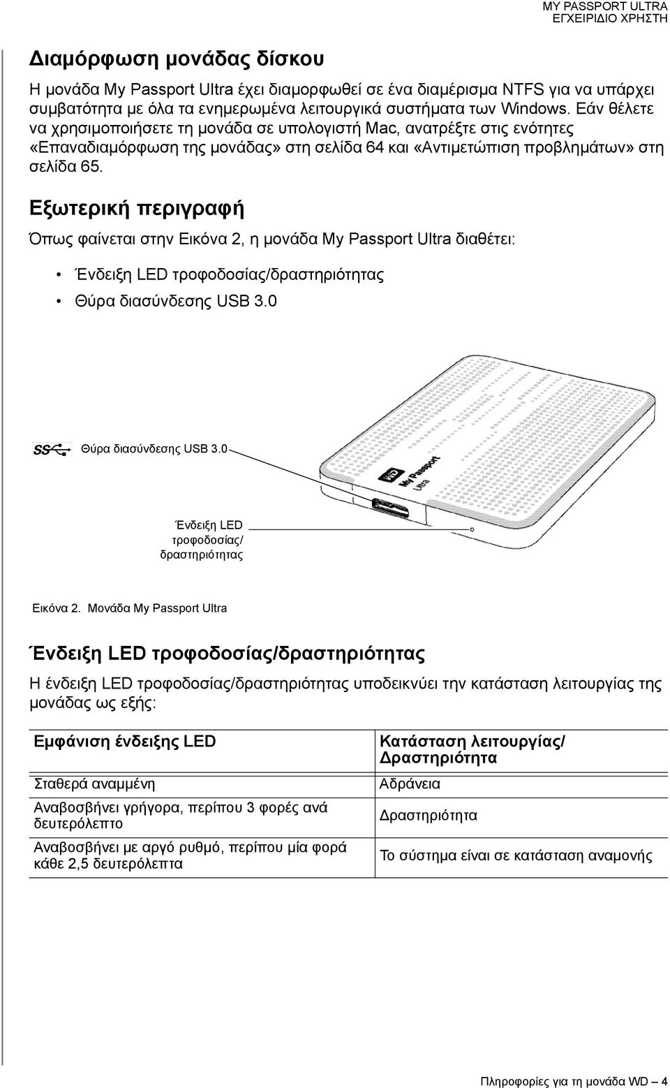 Εξωτερική περιγραφή Όπως φαίνεται στην Εικόνα 2, η μονάδα My Passport Ultra διαθέτει: Ένδειξη LED τροφοδοσίας/δραστηριότητας Θύρα διασύνδεσης USB 3.0 Θύρα διασύνδεσης USB 3.