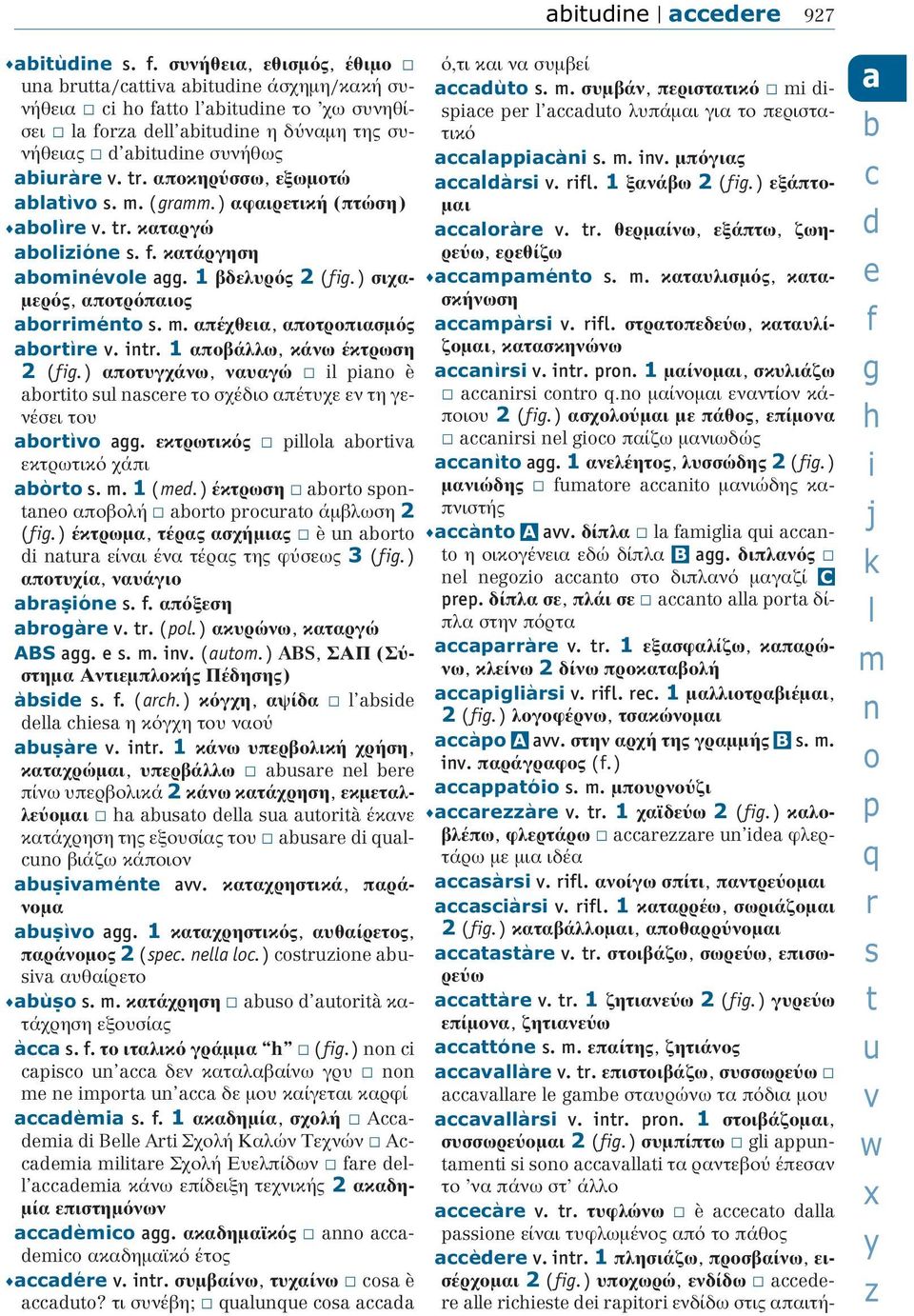 αποκηρ σσω, εξωμοτώ ablatìvo s. m. (gramm.) αφαιρετική (πτώση) abolìre v. tr. καταργώ abolizióne s. f. κατάργηση abominévole agg. 1 βδελυρ ς 2 (fig.) σιχαμερ ς, αποτρ παιος aborriménto s. m. απέχθεια, αποτροπιασμ ς abortìre v.
