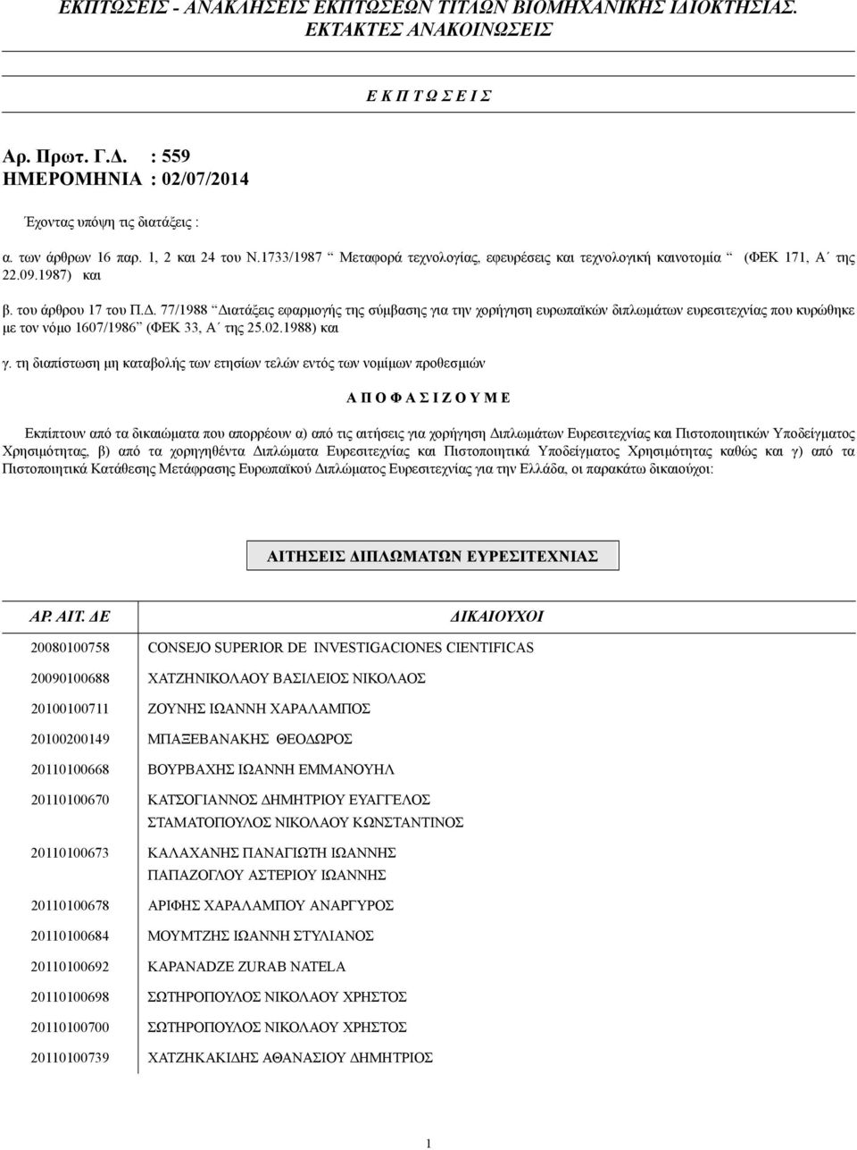 . 77/1988 ιατάξεις εφαρµογής της σύµβασης για την χορήγηση ευρωπαϊκών διπλωµάτων ευρεσιτεχνίας που κυρώθηκε µε τον νόµο 1607/1986 (ΦΕΚ 33, Α της 25.02.1988) και γ.