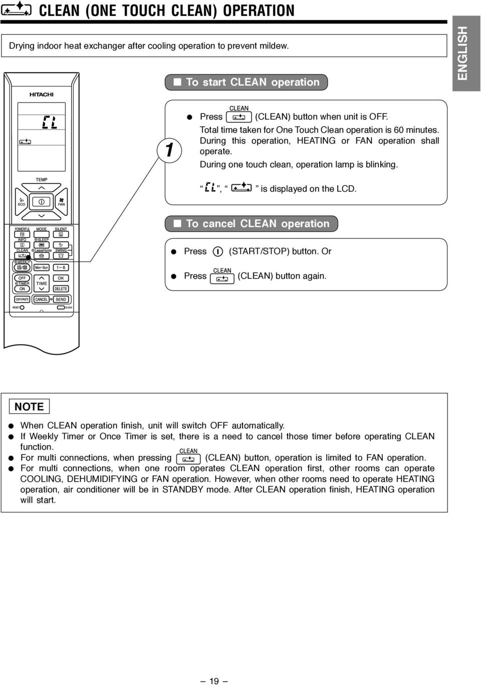 , is displayed on the LCD. To cancel CLEAN operation Press (START/STOP) button. Or Press (CLEAN) button again. NOTE When CLEAN operation fi nish, unit will switch OFF automatically.