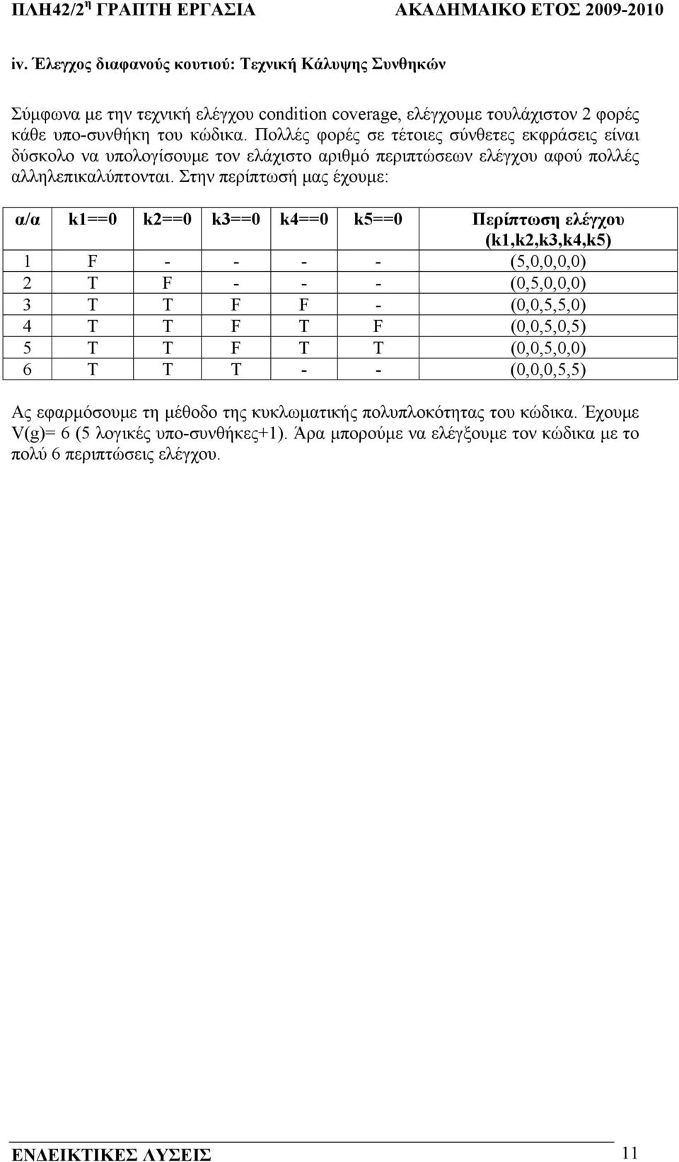 Στην περίπτωσή µας έχουµε: α/α k1==0 k2==0 k3==0 k4==0 k5==0 Περίπτωση ελέγχου (k1,k2,k3,k4,k5) 1 F - - - - (5,0,0,0,0) 2 T F - - - (0,5,0,0,0) 3 T T F F - (0,0,5,5,0) 4 T T F T F