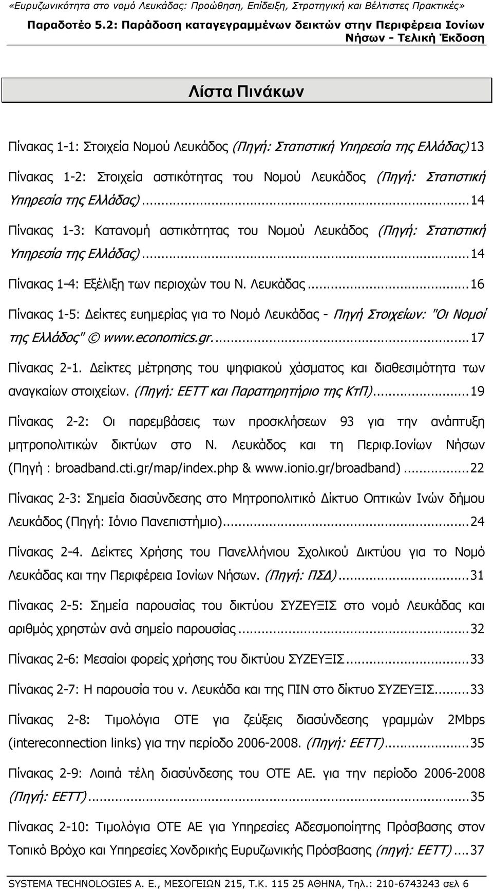 .. 16 Πίνακας 1-5: είκτες ευημερίας για το Νομό Λευκάδας - Πηγή Στοιχείων: "Οι Νομοί της Ελλάδος" www.economics.gr.... 17 Πίνακας 2-1.