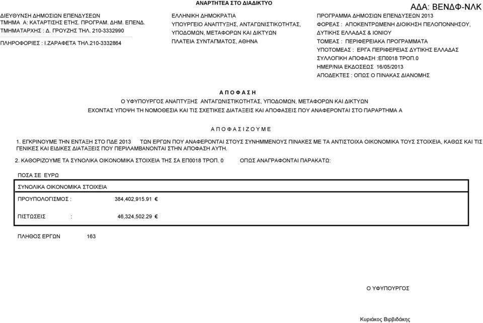 ΠΕΛΟΠΟΝΝΗΟΥ, ΔΥΤΙΚΗ ΕΛΛΔ & ΙΟΝΙΟΥ ΤΟΜΕ : ΠΕΡΙΦΕΡΕΙΚ ΠΡΟΓΡΜΜΤ ΥΠΟΤΟΜΕ : ΕΡΓ ΠΕΡΙΦΕΡΕΙ ΔΥΤΙΚΗ ΕΛΛΔ ΥΛΛΟΓΙΚΗ ΠΟΦΗ :ΕΠ0018 ΤΡΟΠ.