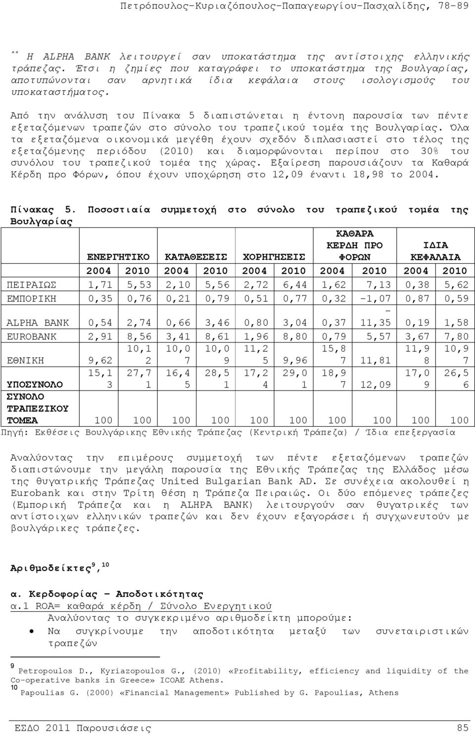 Από την ανάλυση του Πίνακα 5 διαπιστώνεται η έντονη παρουσία των πέντε εξεταζόμενων τραπεζών στο σύνολο του τραπεζικού τομέα της Βουλγαρίας.