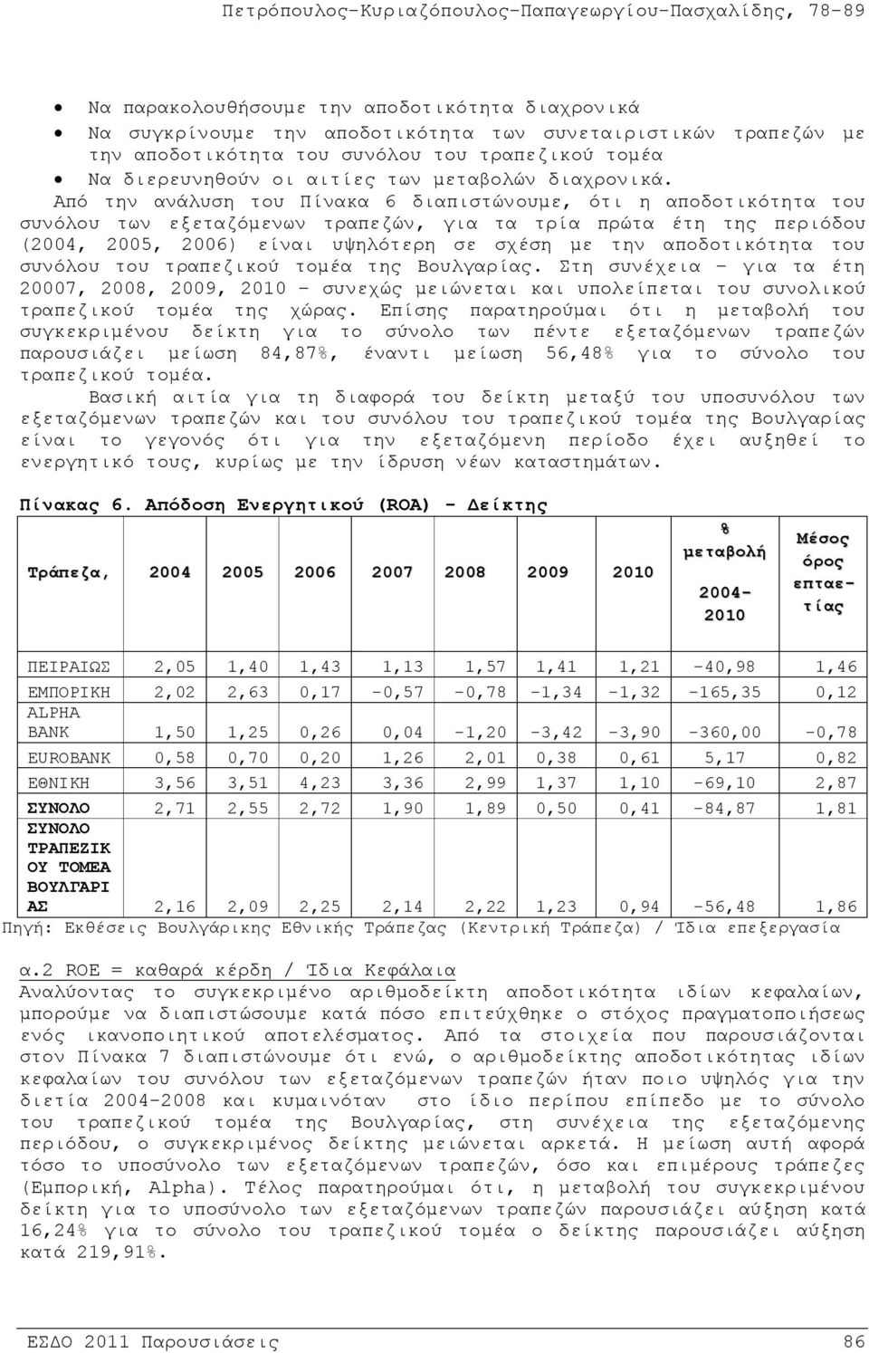 Από την ανάλυση του Πίνακα 6 διαπιστώνουμε, ότι η αποδοτικότητα του συνόλου των εξεταζόμενων τραπεζών, για τα τρία πρώτα έτη της περιόδου (2004, 2005, 2006) είναι υψηλότερη σε σχέση με την