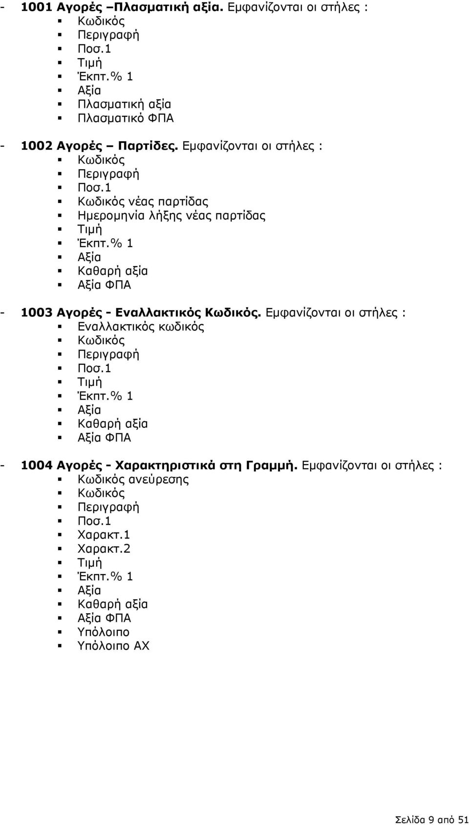 % 1 Αξία Καθαρή αξία Αξία ΦΠΑ - 1003 Αγορές - Εναλλακτικός Κωδικός. Εμφανίζονται οι στήλες : Εναλλακτικός κωδικός Κωδικός Περιγραφή Ποσ.1 Τιμή Έκπτ.