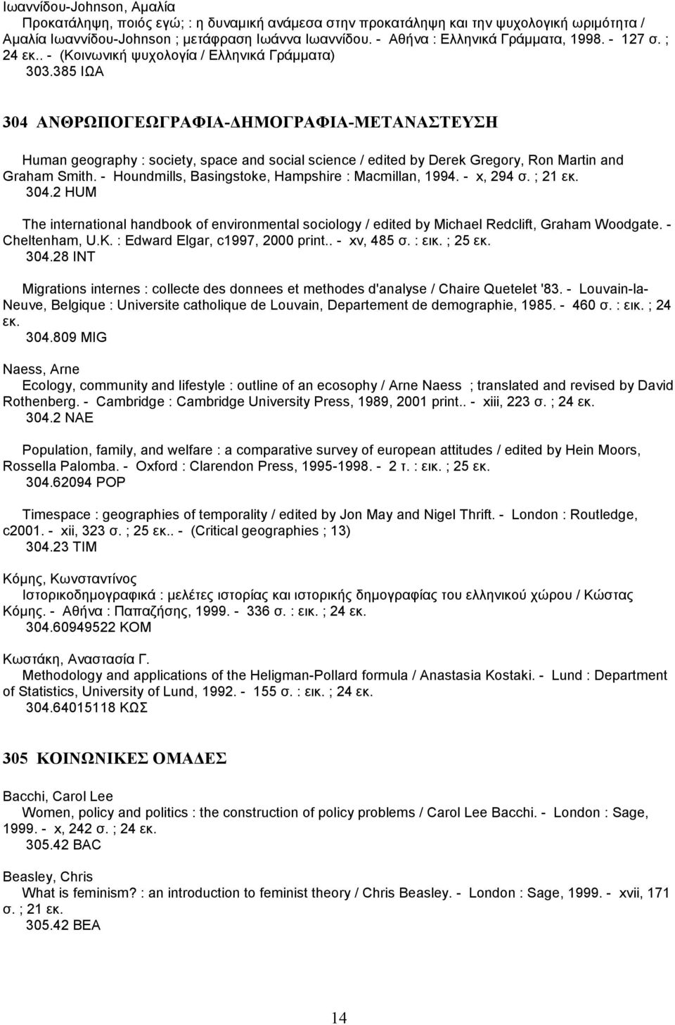 385 ΙΩΑ 304 ΑΝΘΡΩΠΟΓΕΩΓΡΑΦΙΑ- ΗΜΟΓΡΑΦΙΑ-ΜΕΤΑΝΑΣΤΕΥΣΗ Human geography : society, space and social science / edited by Derek Gregory, Ron Martin and Graham Smith.