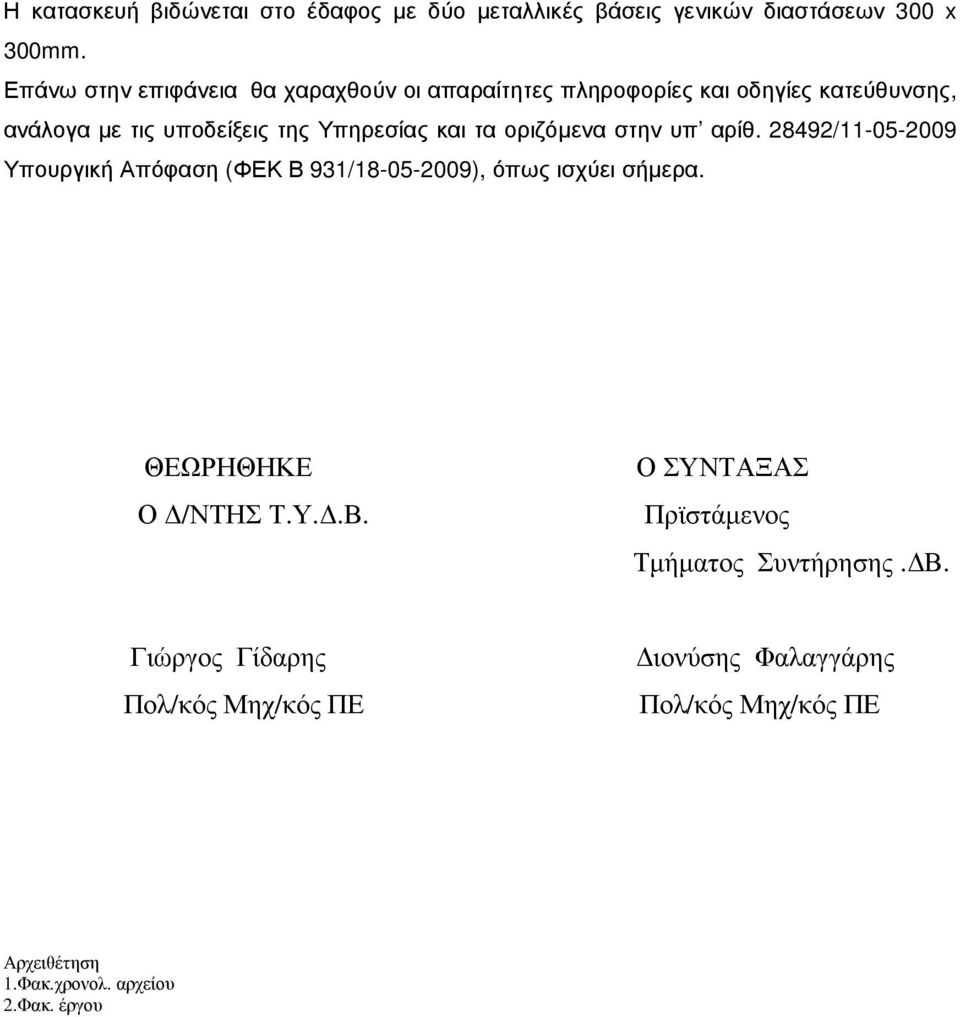 τα οριζόµενα στην υπ αρίθ. 28492/11-05-2009 Υπουργική Απόφαση (ΦΕΚ Β 931/18-05-2009), όπως ισχύει σήµερα. ΘΕΩΡΗΘΗΚΕ Ο /ΝΤΗΣ Τ.Υ..Β. Ο ΣΥΝΤΑΞΑΣ Πρϊστάµενος Τµήµατος Συντήρησης.