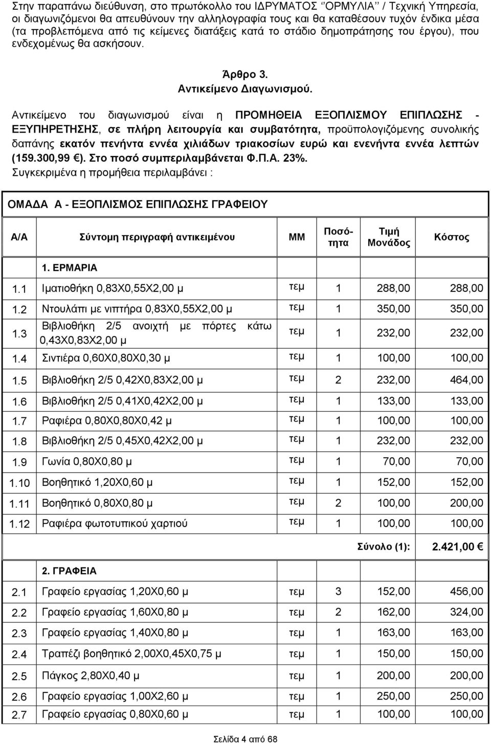 Αντικείμενο του διαγωνισμού είναι η ΠΡΟΜΗΘΕΙΑ ΕΞΟΠΛΙΣΜΟΥ ΕΠΙΠΛΩΣΗΣ - ΕΞΥΠΗΡΕΤΗΣΗΣ, σε πλήρη λειτουργία και συμβατότητα, προϋπολογιζόμενης συνολικής δαπάνης εκατόν πενήντα εννέα χιλιάδων τριακοσίων