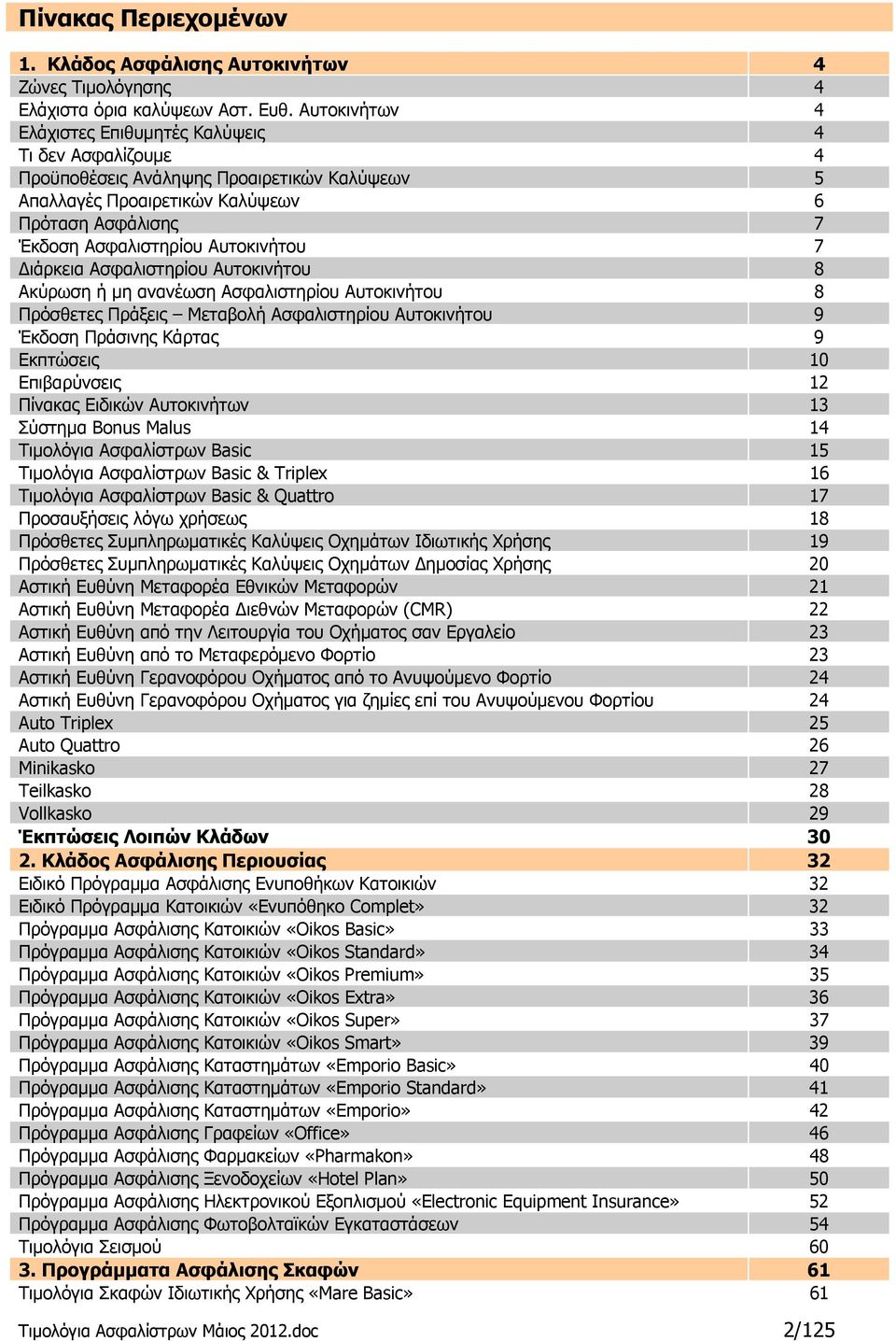 7 Διάρκεια Ασφαλιστηρίου Αυτοκινήτου 8 Ακύρωση ή μη ανανέωση Ασφαλιστηρίου Αυτοκινήτου 8 Πρόσθετες Πράξεις Μεταβολή Ασφαλιστηρίου Αυτοκινήτου 9 Έκδοση Πράσινης Κάρτας 9 Εκπτώσεις 10 Επιβαρύνσεις 12