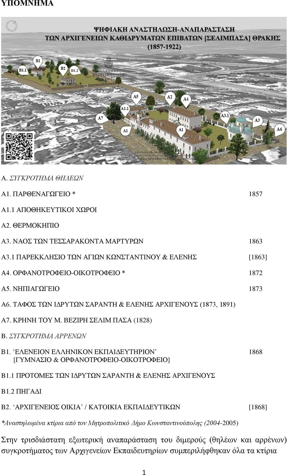 ΕΛΕΝΕΙΟΝ ΕΛΛΗΝΙΚΟΝ ΕΚΠΑΙΔΕΥΤΗΡΙΟΝ 1868 [ΓΥΜΝΑΣΙΟ & ΟΡΦΑΝΟΤΡΟΦΕΙΟ-ΟΙΚΟΤΡΟΦΕΙΟ] B1.1 ΠΡΟΤΟΜΕΣ ΤΩΝ ΙΔΡΥΤΩΝ ΣΑΡΑΝΤΗ & ΕΛΕΝΗΣ ΑΡΧΙΓΕΝΟΥΣ B1.2 ΠΗΓΑΔΙ B2.