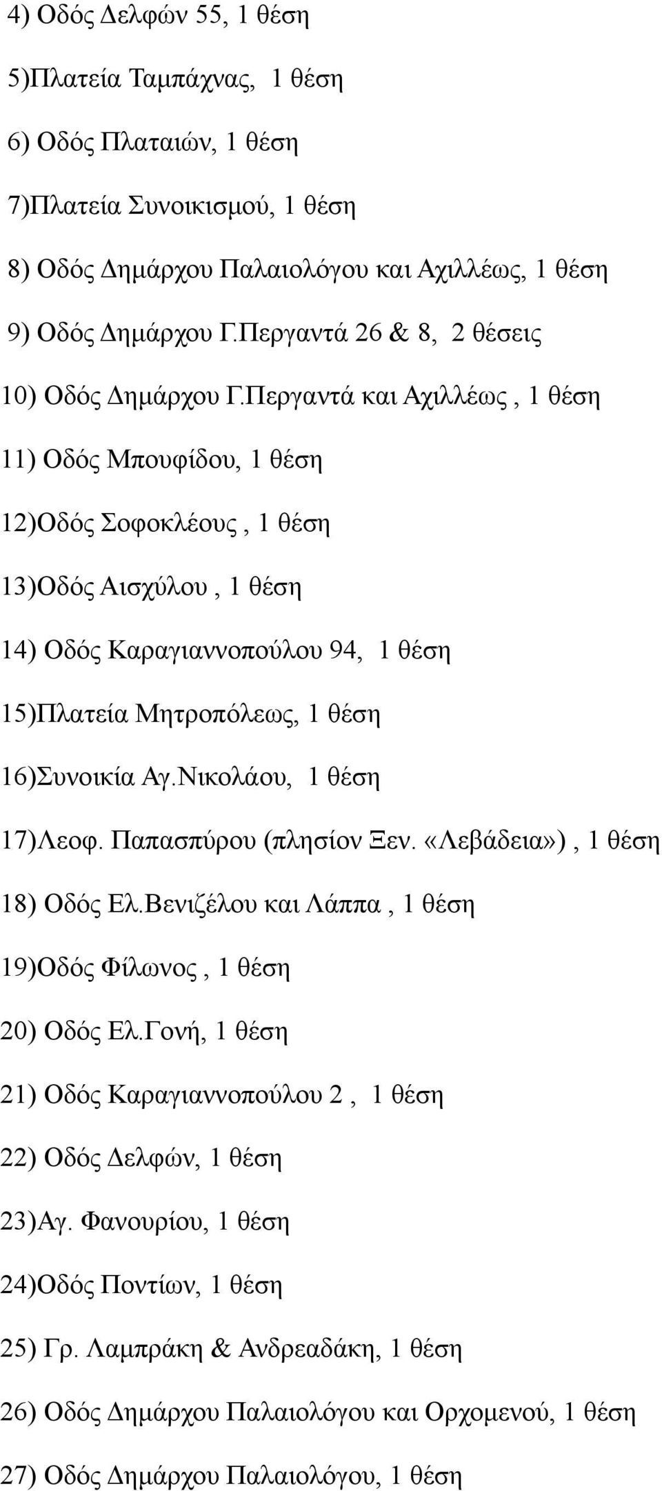 Περγαντά και Αχιλλέως, 1 θέση 11) Οδός Μπουφίδου, 1 θέση 12)Οδός Σοφοκλέους, 1 θέση 13)Οδός Αισχύλου, 1 θέση 14) Οδός Καραγιαννοπούλου 94, 1 θέση 15)Πλατεία Μητροπόλεως, 1 θέση 16)Συνοικία Αγ.