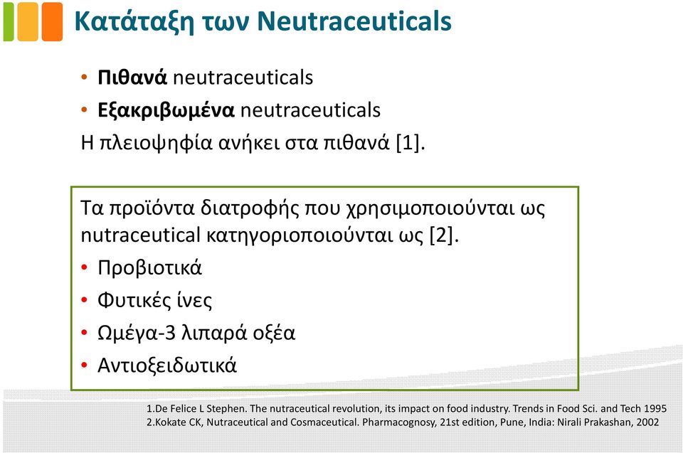 Προβιοτικά Φυτικές ίνες Ωμέγα-3 λιπαρά οξέα Αντιοξειδωτικά 1.De Felice L Stephen.