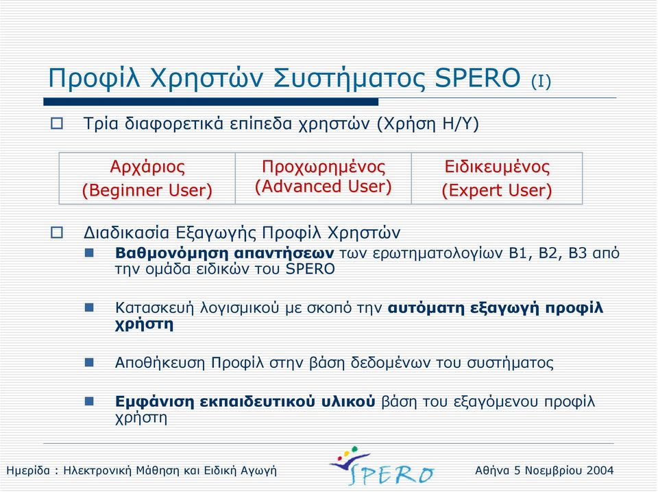 των ερωτηµατολογίων Β1, Β2, Β3 από την οµάδα ειδικών του SPERO Κατασκευή λογισµικού µε σκοπό την αυτόµατη εξαγωγή