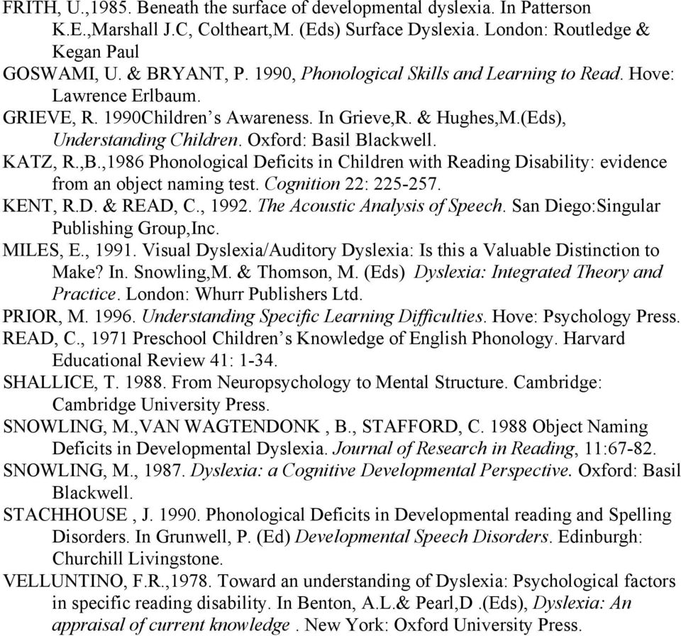 ,1986 Phonological Deficits in Children with Reading Disability: evidence from an object naming test. Cognition 22: 225-257. KENT, R.D. & READ, C., 1992. The Acoustic Analysis of Speech.