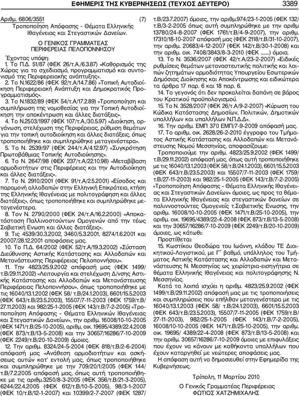 2. Το Ν.1622/86 (ΦΕΚ 92/τ.Α/14.7.86) «Τοπική Αυτοδιοί κηση Περιφερειακή Ανάπτυξη και Δημοκρατικός Προ γραμματισμός». 3. Το Ν.1832/89 (ΦΕΚ 54/τ.Α/17.2.89) «Τροποποίηση και συμπλήρωση της νομοθεσίας για την Τοπική Αυτοδιοί κηση την αποκέντρωση και άλλες διατάξεις».