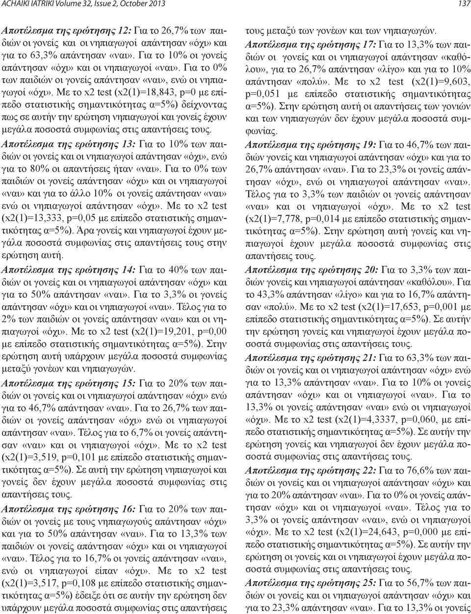 Με το x2 test (x2(1)=18,843, p=0 µε επίπεδο στατιστικής σηµαντικότητας α=5%) δείχνοντας πως σε αυτήν την ερώτηση νηπιαγωγοί και γονείς έχουν µεγάλα ποσοστά συµφωνίας στις Αποτέλεσµα της ερώτησης 13: