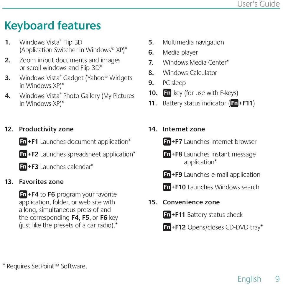 Multimedia navigation Media player Windows Media Center* Windows Calculator PC sleep 10. key (for use with F-keys) 11. Battery status indicator ( +F11) 12.