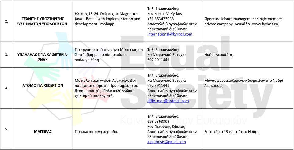 Κα Μαραγκού Ευτυχία 697 9911441 Νυδρί Λευκάδας. 4. ΑΤΟΜΟ ΓΙΑ RECEPTION Με πολύ καλή γνώση Αγγλικών. Δεν παρέχεται διαμονή. Προϋπηρεσία σε θέση υποδοχής. Πολύ καλή γνώση χειρισμού υπολογιστή.