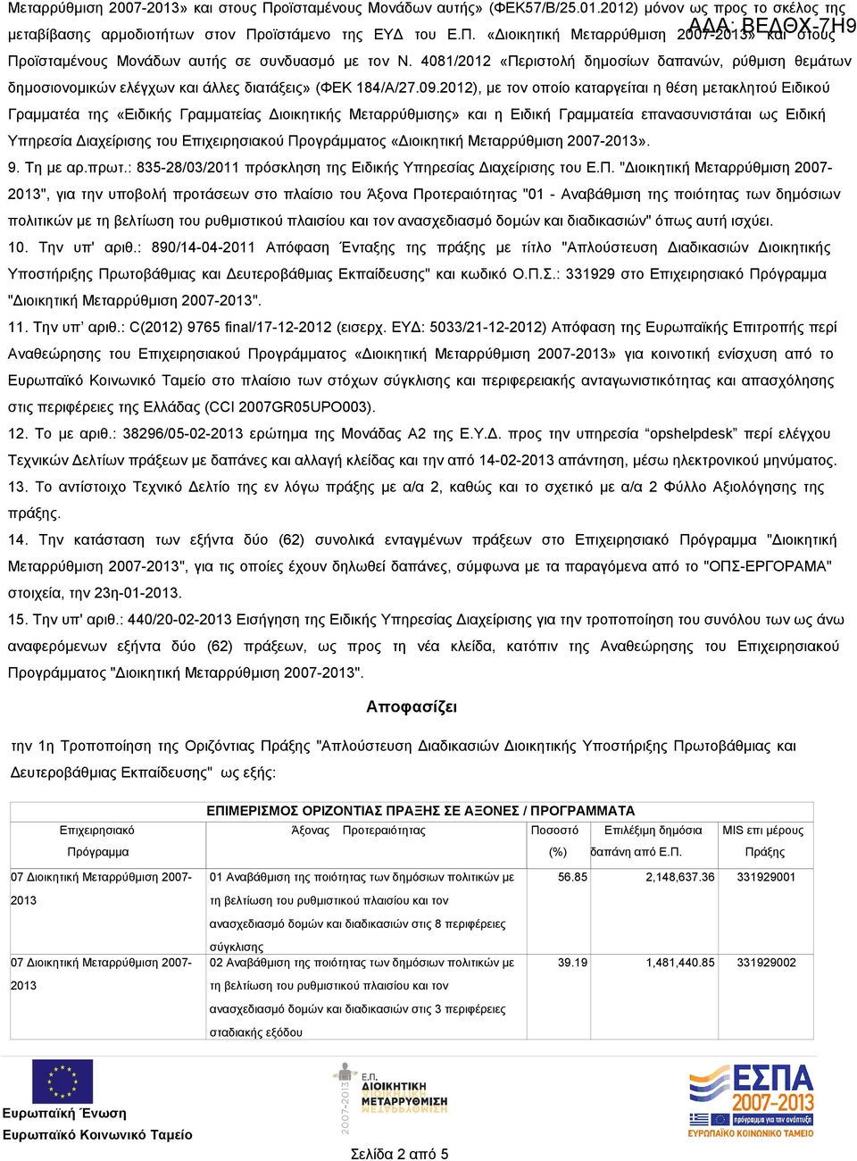 2012), με τον οποίο καταργείται η θέση μετακλητού Ειδικού Γραμματέα της «Ειδικής Γραμματείας Διοικητικής Μεταρρύθμισης» και η Ειδική Γραμματεία επανασυνιστάται ως Ειδική Υπηρεσία Διαχείρισης του