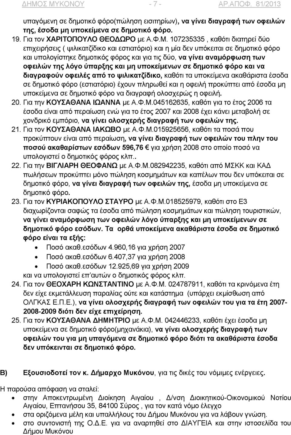 της λόγο ύπαρξης και μη υποκείμενων σε δημοτικό φόρο και να διαγραφούν οφειλές από το ψιλικατζίδικο, καθότι τα υποκείμενα ακαθάριστα έσοδα σε δημοτικό φόρο (εστιατόριο) έχουν πληρωθεί και η οφειλή