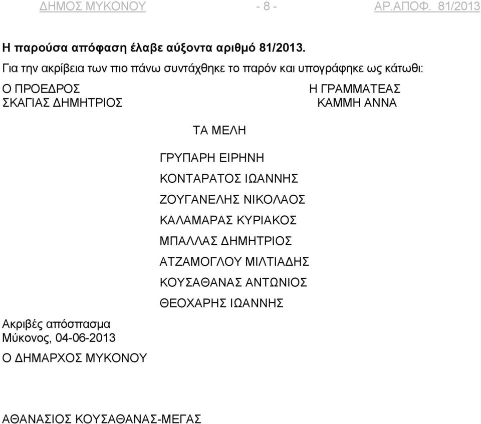 ΔΗΜΗΤΡΙΟΣ ΚΑΜΜΗ ΑΝΝΑ ΤΑ ΜΕΛΗ Ακριβές απόσπασμα Μύκονος, 04-06-2013 Ο ΔΗΜΑΡΧΟΣ ΜΥΚΟΝΟΥ ΓΡΥΠΑΡΗ ΕΙΡΗΝΗ ΚΟΝΤΑΡΑΤΟΣ