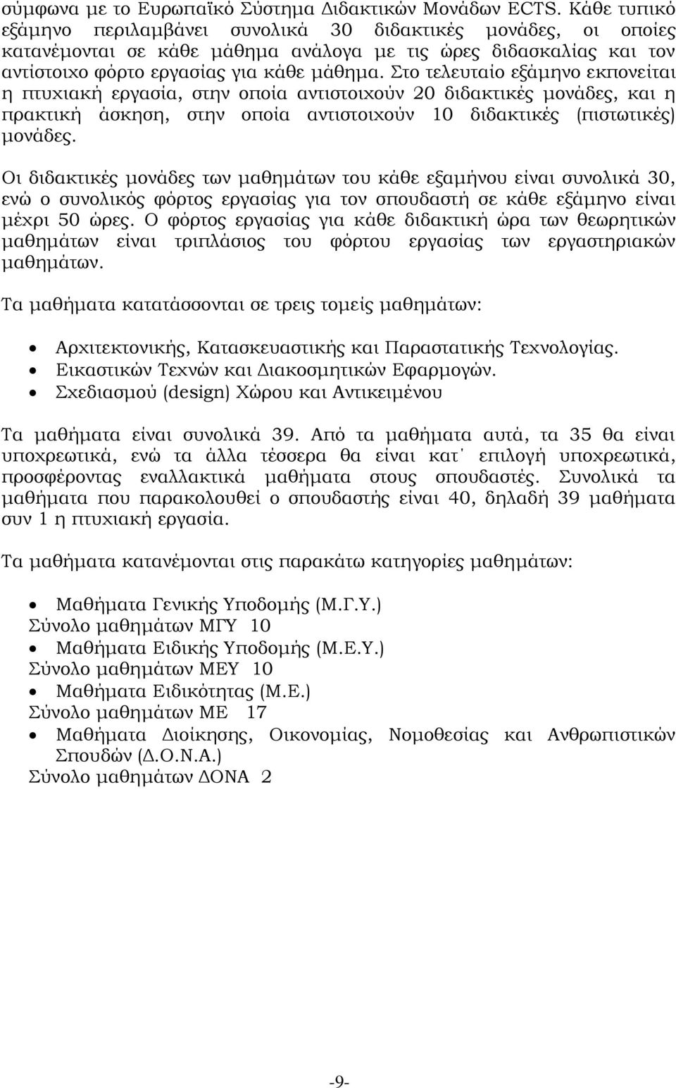 Στο τελευταίο εξάμηνο εκπονείται η πτυχιακή εργασία, στην οποία αντιστοιχούν 20 διδακτικές μονάδες, και η πρακτική άσκηση, στην οποία αντιστοιχούν 10 διδακτικές (πιστωτικές) μονάδες.