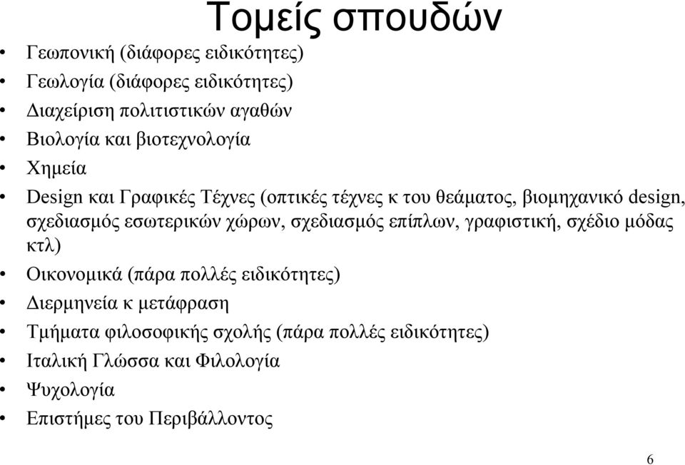 εσωτερικών χώρων, σχεδιασμός επίπλων, γραφιστική, σχέδιο μόδας κτλ) Οικονομικά (πάρα πολλές ειδικότητες) Διερμηνεία κ