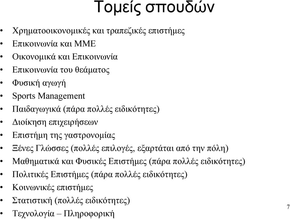 γαστρονομίας Ξένες Γλώσσες (πολλές επιλογές, εξαρτάται από την πόλη) Μαθηματικά και Φυσικές Επιστήμες (πάρα πολλές