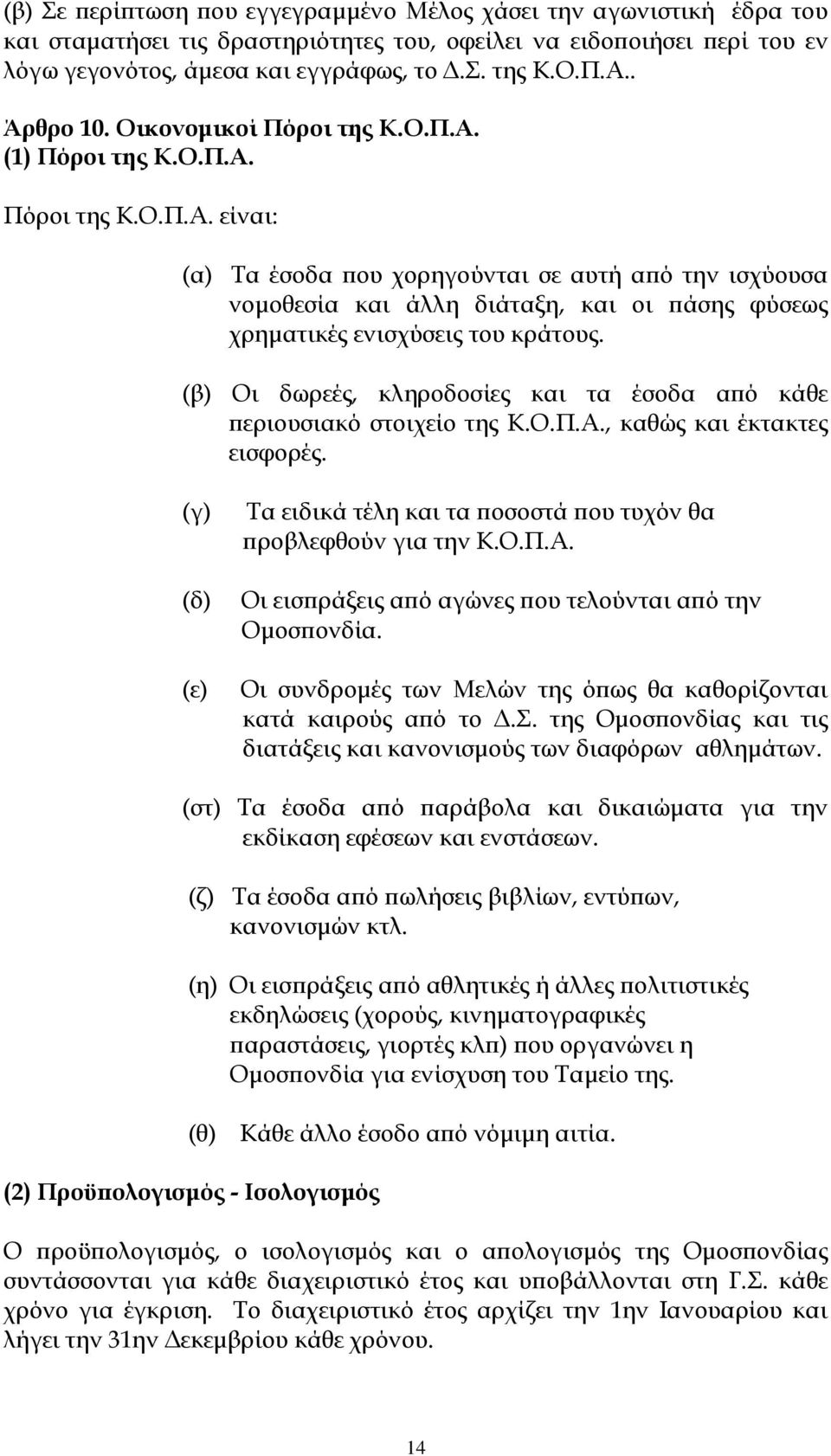 (β) Οι δωρεές, κληροδοσίες και τα έσοδα από κάθε περιουσιακό στοιχείο της Κ.Ο.Π.Α., καθώς και έκτακτες εισφορές. (γ) (δ) (ε) Τα ειδικά τέλη και τα ποσοστά που τυχόν θα προβλεφθούν για την Κ.Ο.Π.Α. Οι εισπράξεις από αγώνες που τελούνται από την Ομοσπονδία.