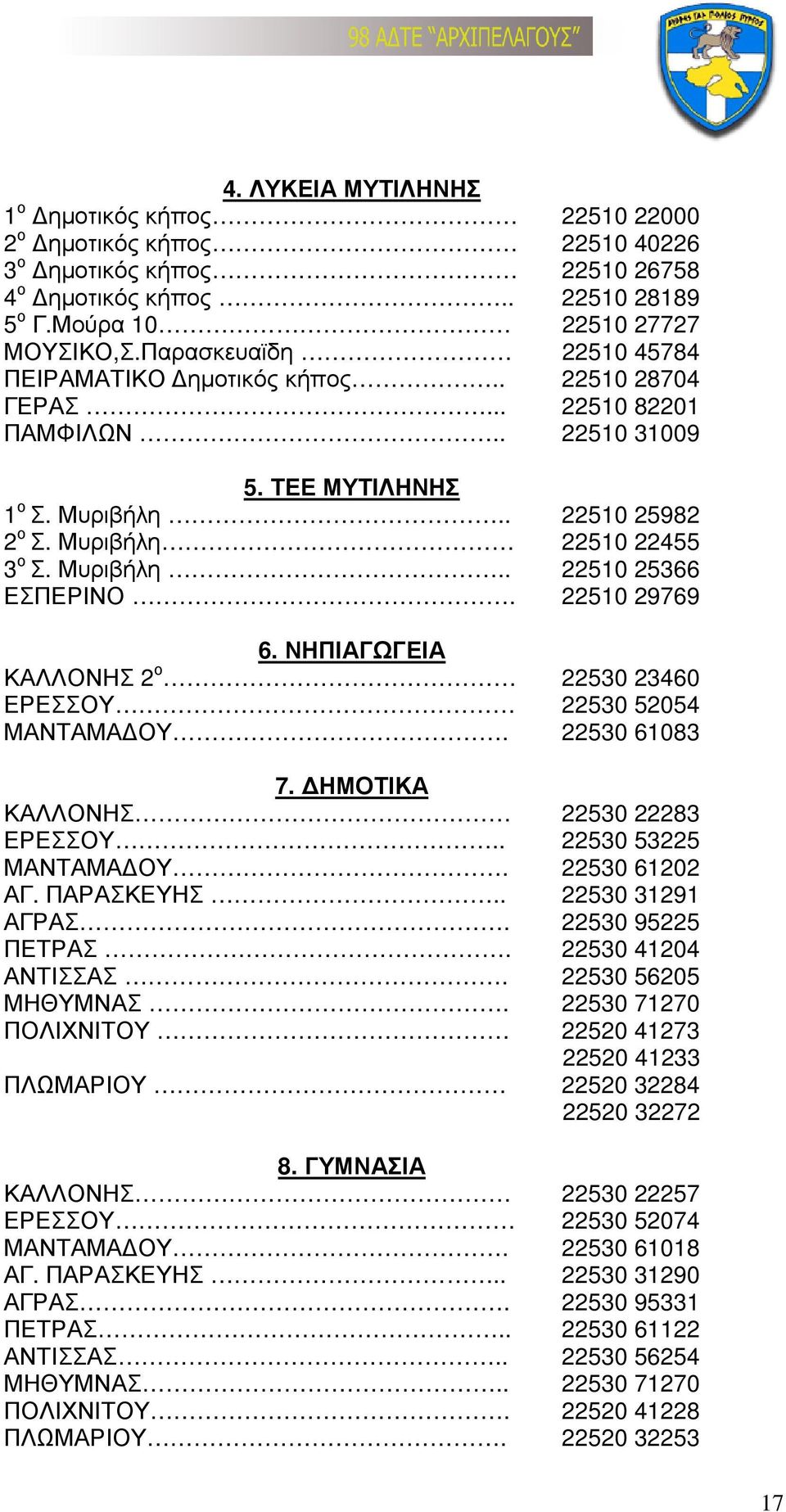 Μυριβήλη.. 22510 25366 ΕΣΠΕΡΙΝΟ. 22510 29769 6. ΝΗΠΙΑΓΩΓΕΙΑ ΚΑΛΛΟΝΗΣ 2 ο 22530 23460 ΕΡΕΣΣΟΥ 22530 52054 ΜΑΝΤΑΜΑ ΟΥ. 22530 61083 7. ΗΜΟΤΙΚΑ ΚΑΛΛΟΝΗΣ 22530 22283 ΕΡΕΣΣΟΥ.. 22530 53225 ΜΑΝΤΑΜΑ ΟΥ.