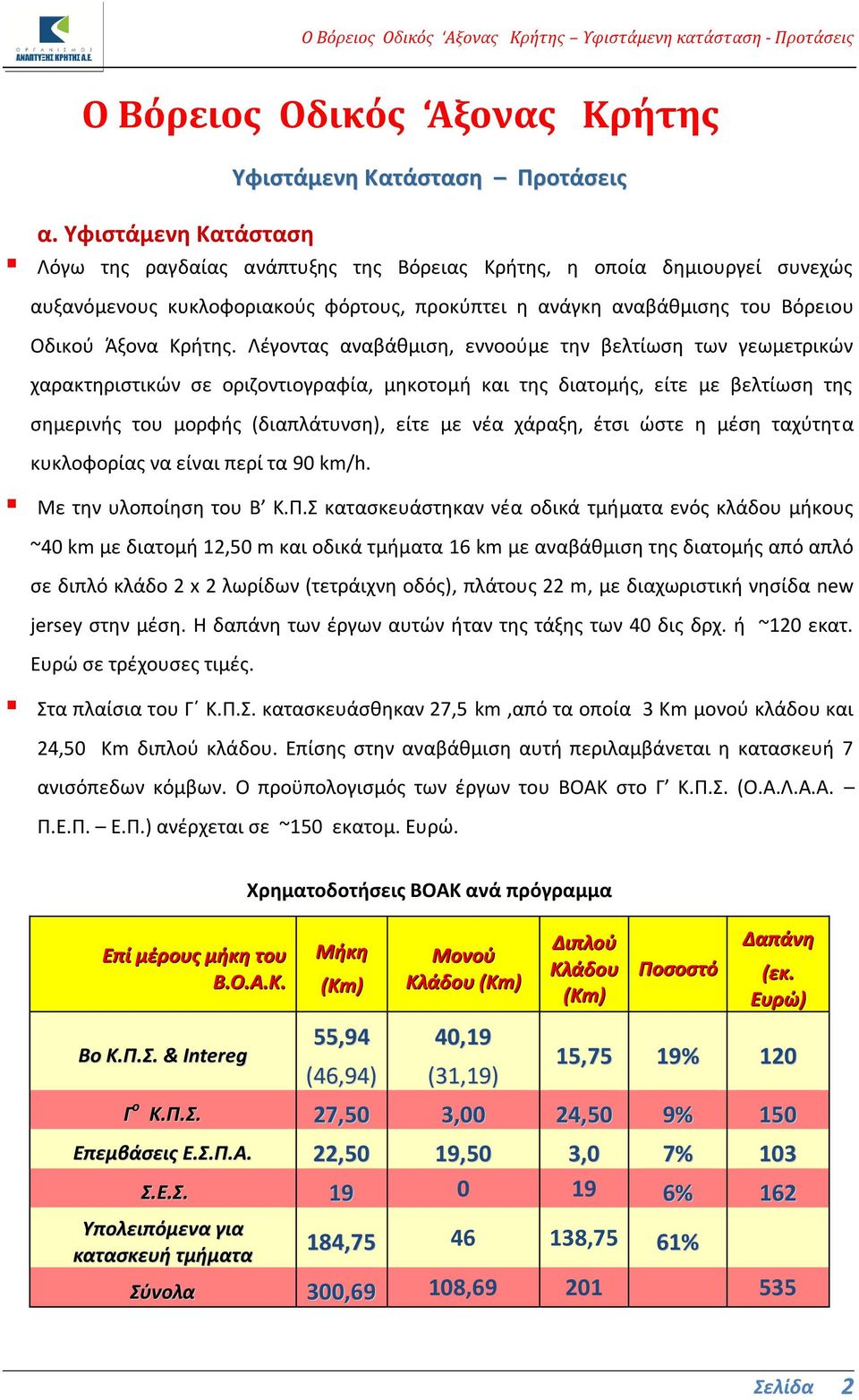 Λέγοντας αναβάθμιση, εννοούμε την βελτίωση των γεωμετρικών χαρακτηριστικών σε οριζοντιογραφία, μηκοτομή και της διατομής, είτε με βελτίωση της σημερινής του μορφής (διαπλάτυνση), είτε με νέα χάραξη,