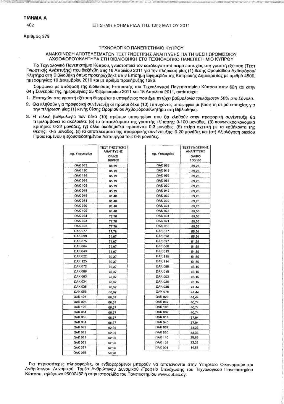 την πλήρωση μίας (1) θέσης Ωρομίσθιου Αχθοφόρου/ Κλητήρα στη Βιβλιοθήκη όπως προκηρύχθηκε στην Επίσημη Εφημερίδα της Κυπριακής Δημοκρατίας με αριθμό 4500, ημερομηνίας 10 Δεκεμβρίου 2010 και με αριθμό