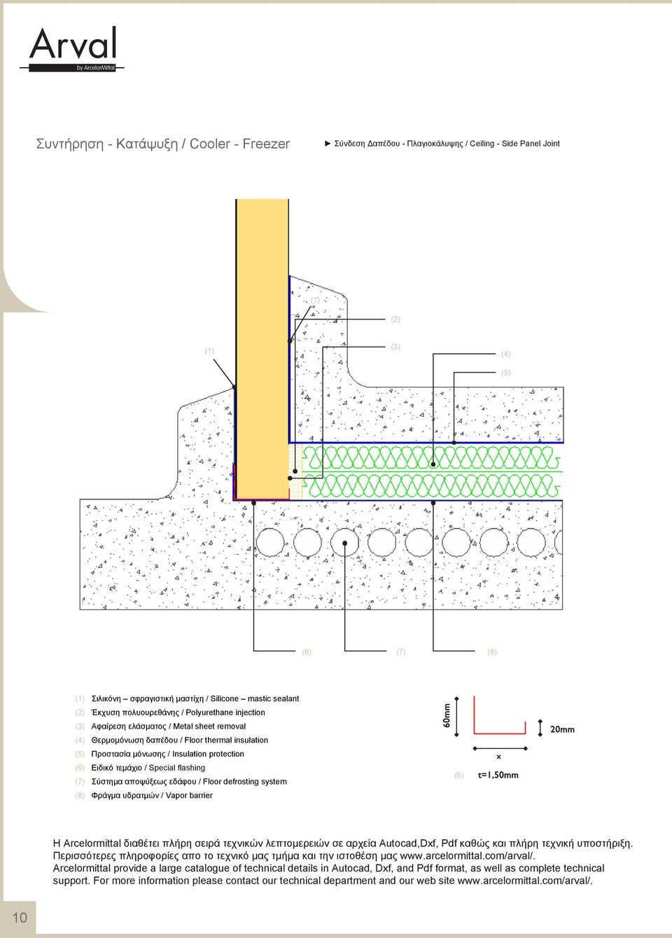 / Special flashing (7) Σύστημα αποψύξεως εδάφου / Floor defrosting system (8) Φράγμα υδρατμών / Vapor barrier (6) Η Arcelormittal διαθέτει πλήρη σειρά τεχνικών λεπτομερειών σε αρχεία Autocad,Dxf, Pdf